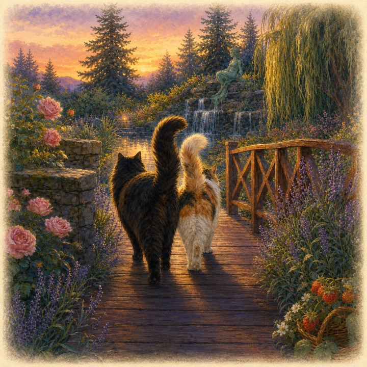 Coco and Lala walking across the bridge at sunset
